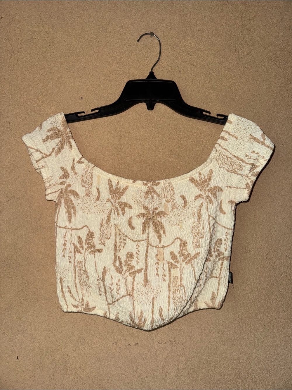 Body Glove Cream and Tan Tropical Smocked Off-Shoulder Crop Top